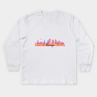 Color Chicago City Skyline Watercolour Multilayer With Aircraft/Flight/Aeroplane/Airplane/Plane Kids Long Sleeve T-Shirt